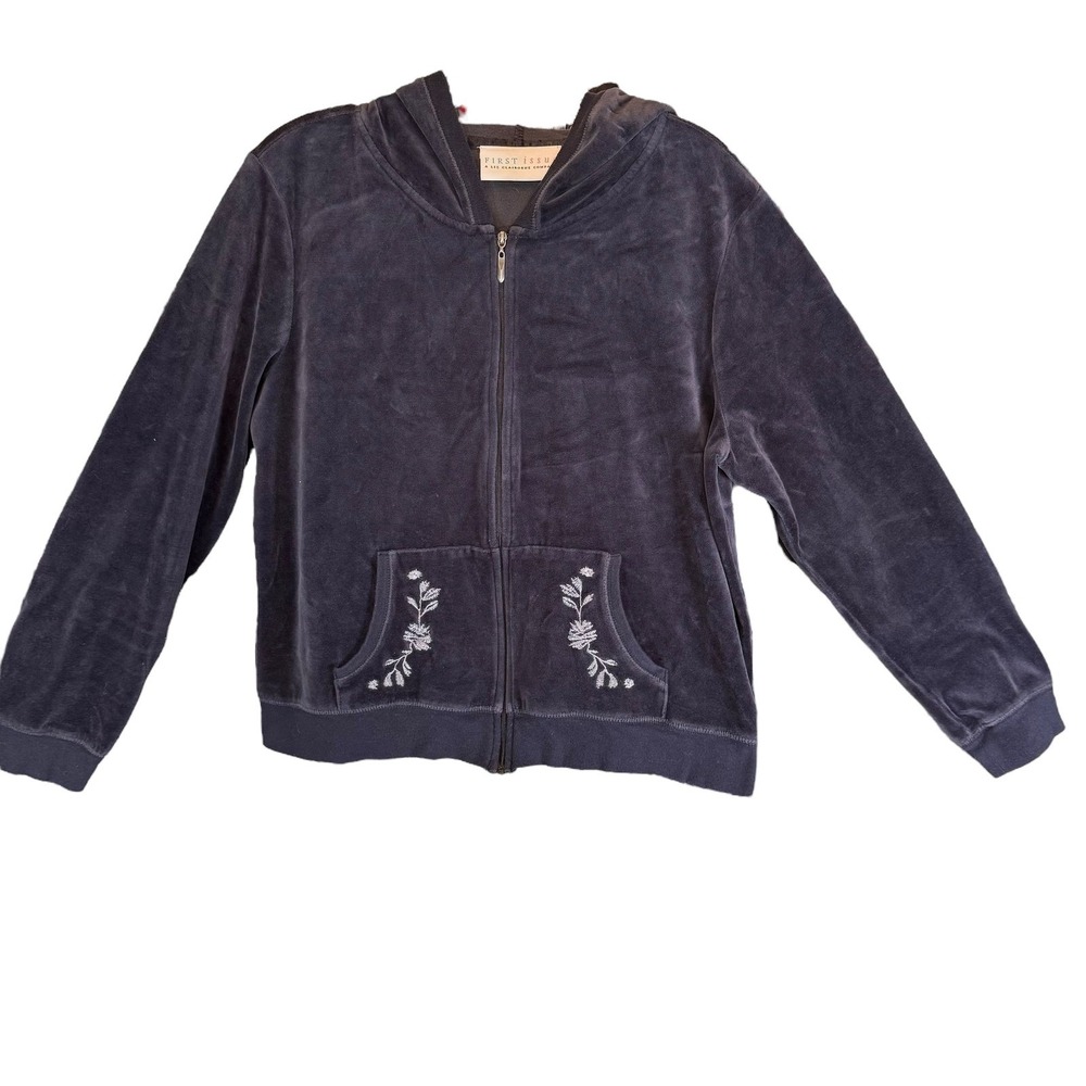 First Issue Women's Large Tracksuit‎ Jacket Blue Full Zip Velour Hoodie Y2K 90s